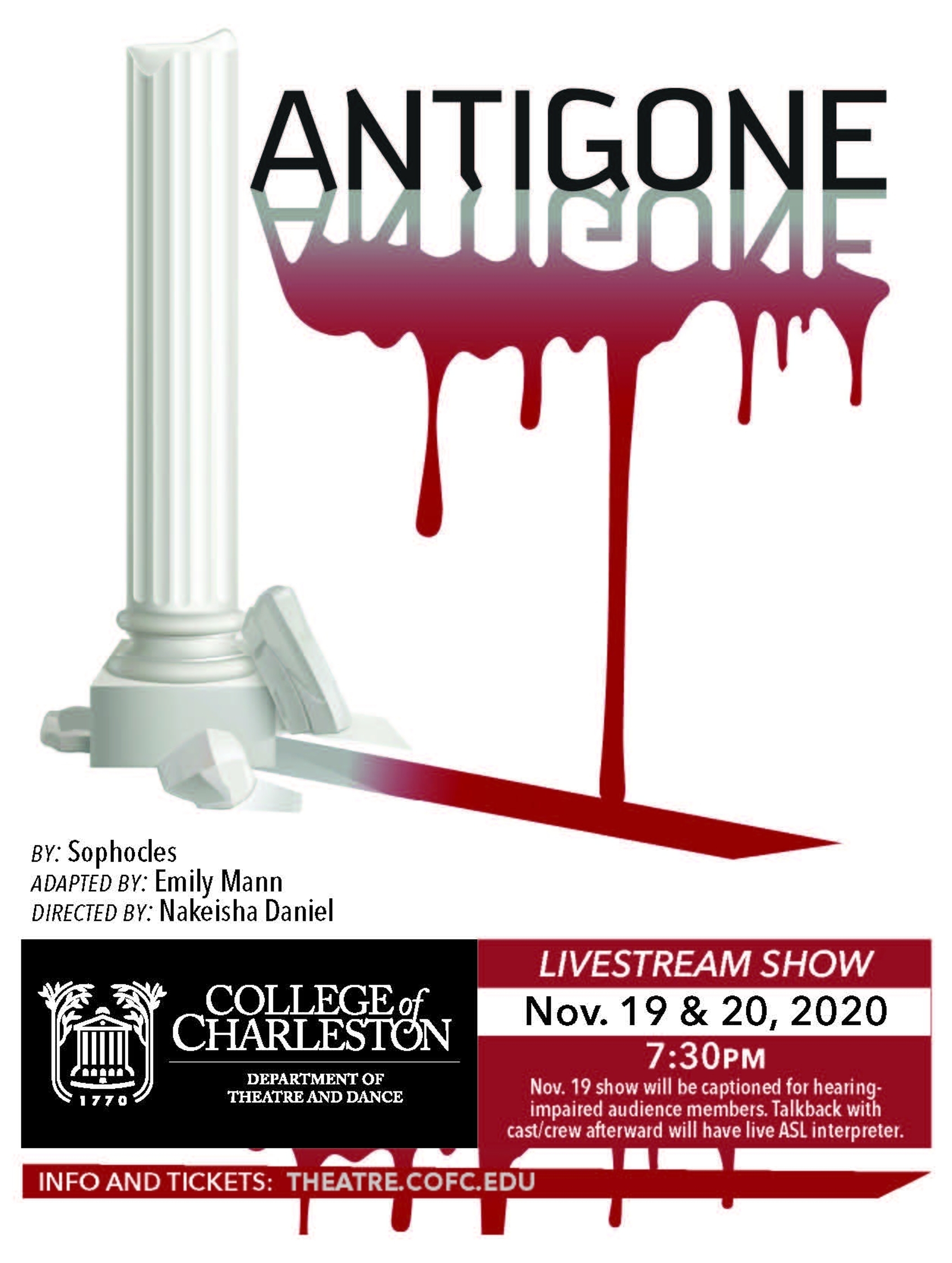Antigone at College of Charleston Department of Theatre and Dance -  Performances November 19, 2020 to November 20, 2020 - Cover