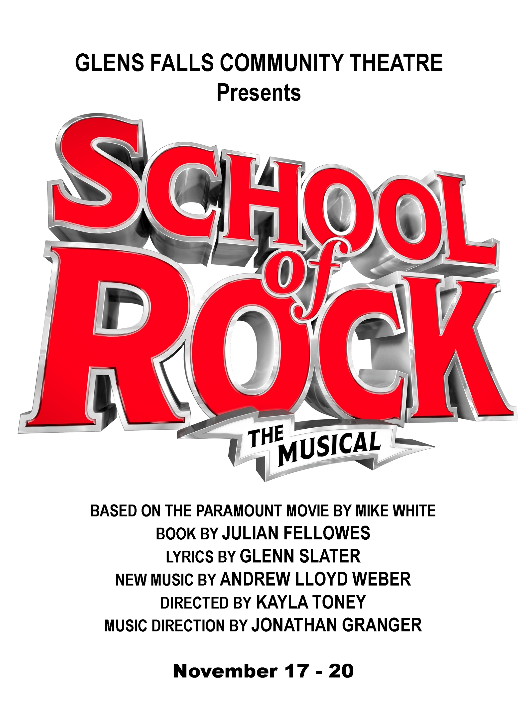 School of Rock the Musical at Glens Falls Community Theatre Performances November 17, 2022 to